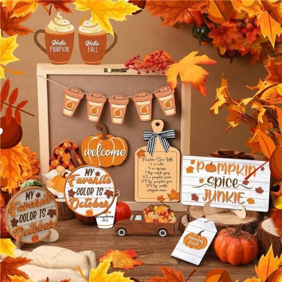 14 Pcs Fall Pumpkin Tiered Tray Drinking Coffee Rustic Farmhouse Home Decor Set - Picture 6 of 6